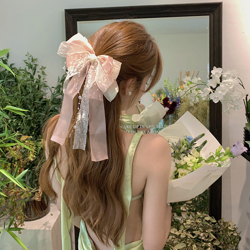 Giant Lace Hair Bow Clip with Pearl